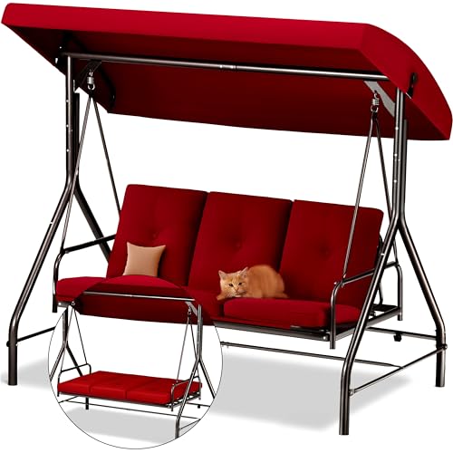 Burgundy 3-Seat Patio Outdoor Swing with Canopy D4153