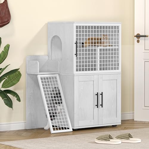 Cat Litter Box Enclosure with Platform, Double Layer, 33.5" L x 17.9" W x 41.9" H, Wax Wood V48811