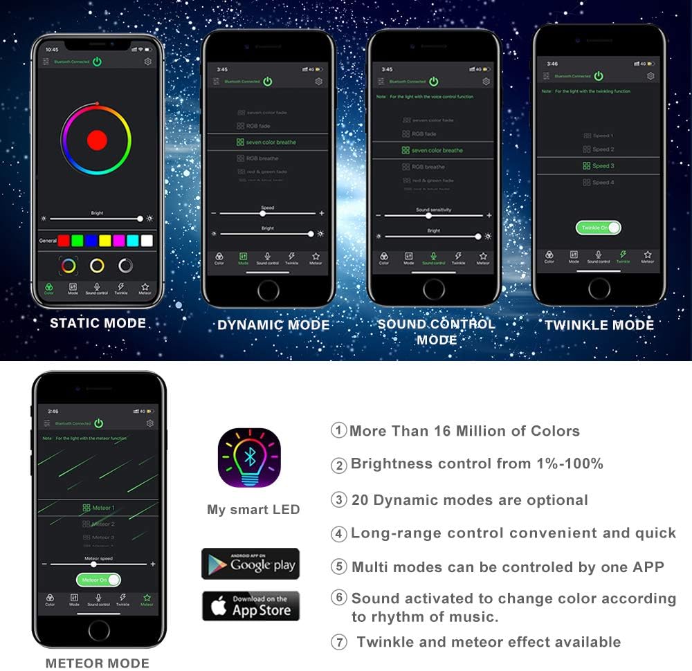 Bluetooth Controlled Twinkle LED Remote RGB 4-Speed Fiber Optic Star Ceiling Kit D764