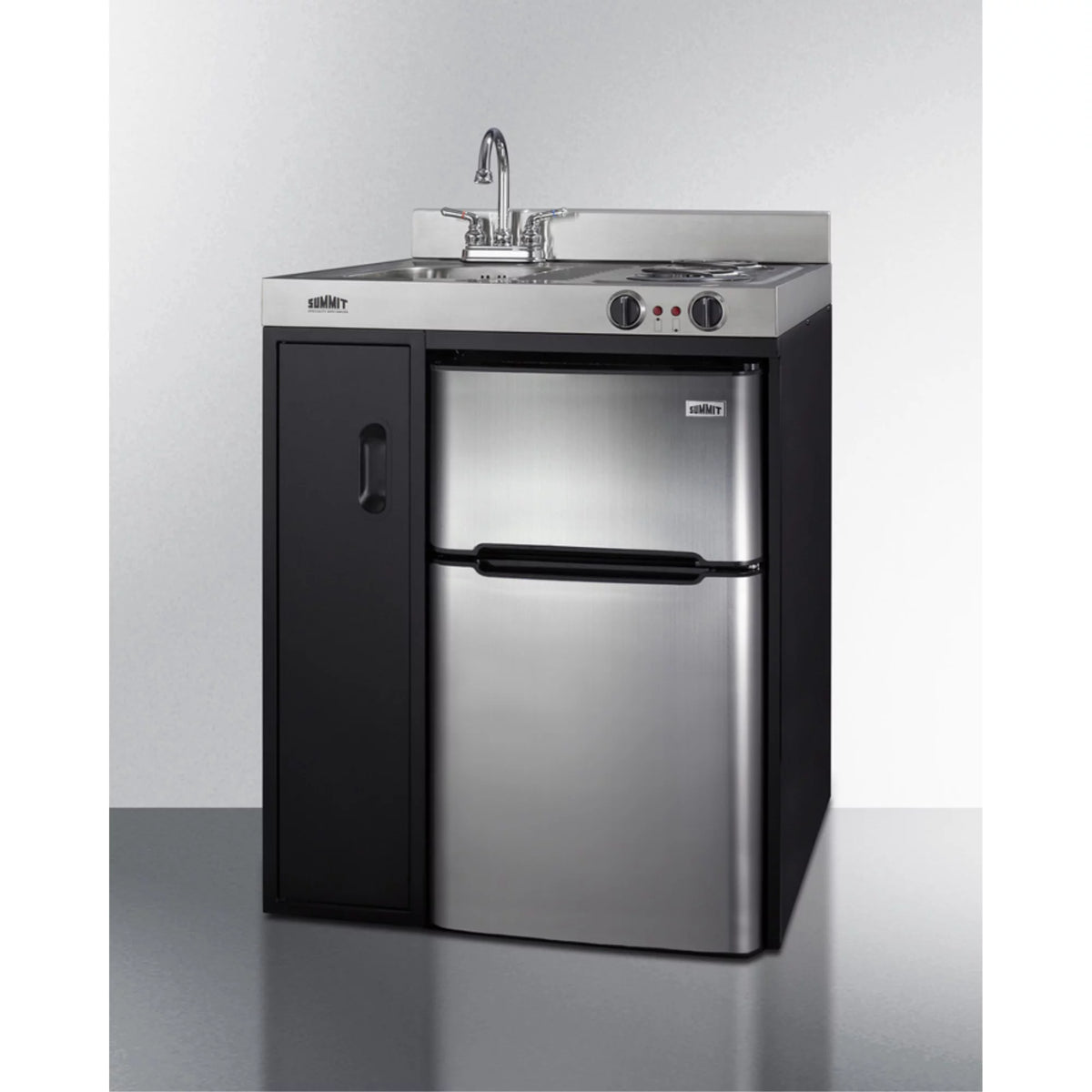 30" wide all-in-one kitchenette with 2-burner 115V coil cooktop, refrigerator-freezer, sink, and storage cabinet W78284
