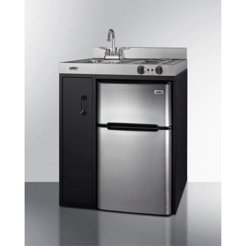 30" wide all-in-one kitchenette with 2-burner 115V coil cooktop, refrigerator-freezer, sink, and storage cabinet W78284