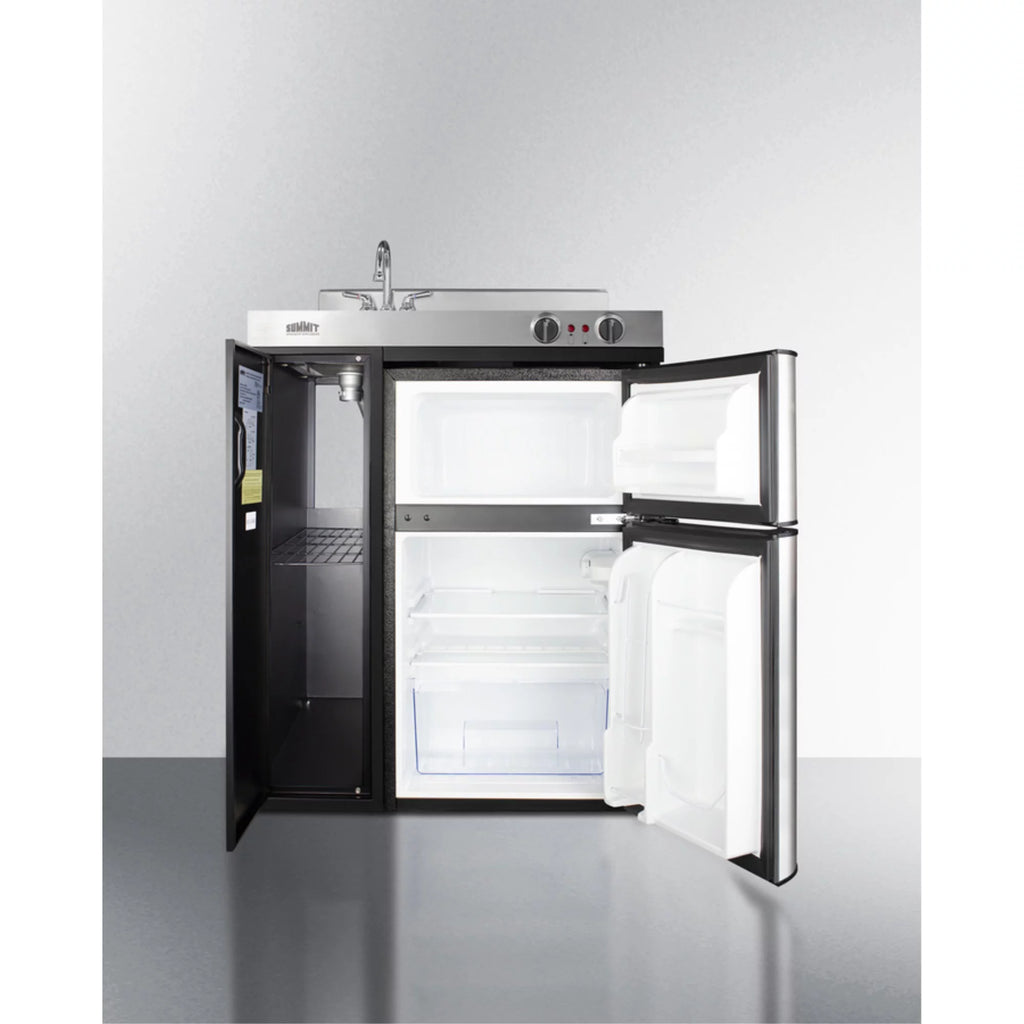 30" wide all-in-one kitchenette with 2-burner 115V coil cooktop, refrigerator-freezer, sink, and storage cabinet W78284