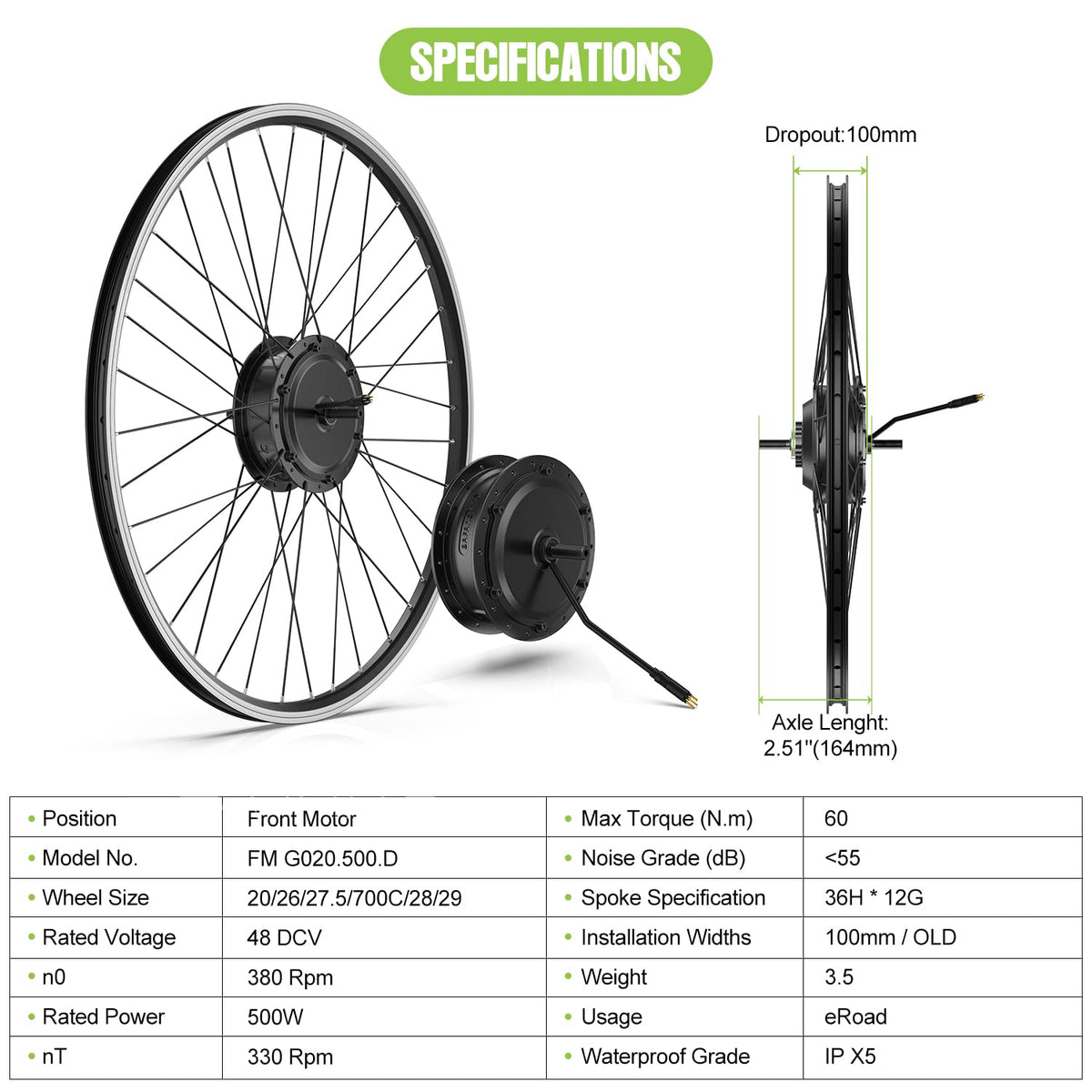 48V 500W Front Hub Motor Electric Bike Conversion Kit with LCD Display K308
