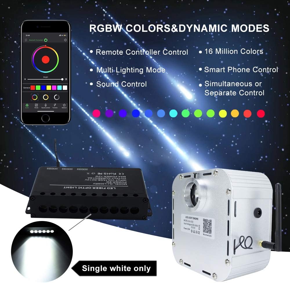 Bluetooth Controlled Twinkle LED Remote RGB 4-Speed Fiber Optic Star Ceiling Kit D764