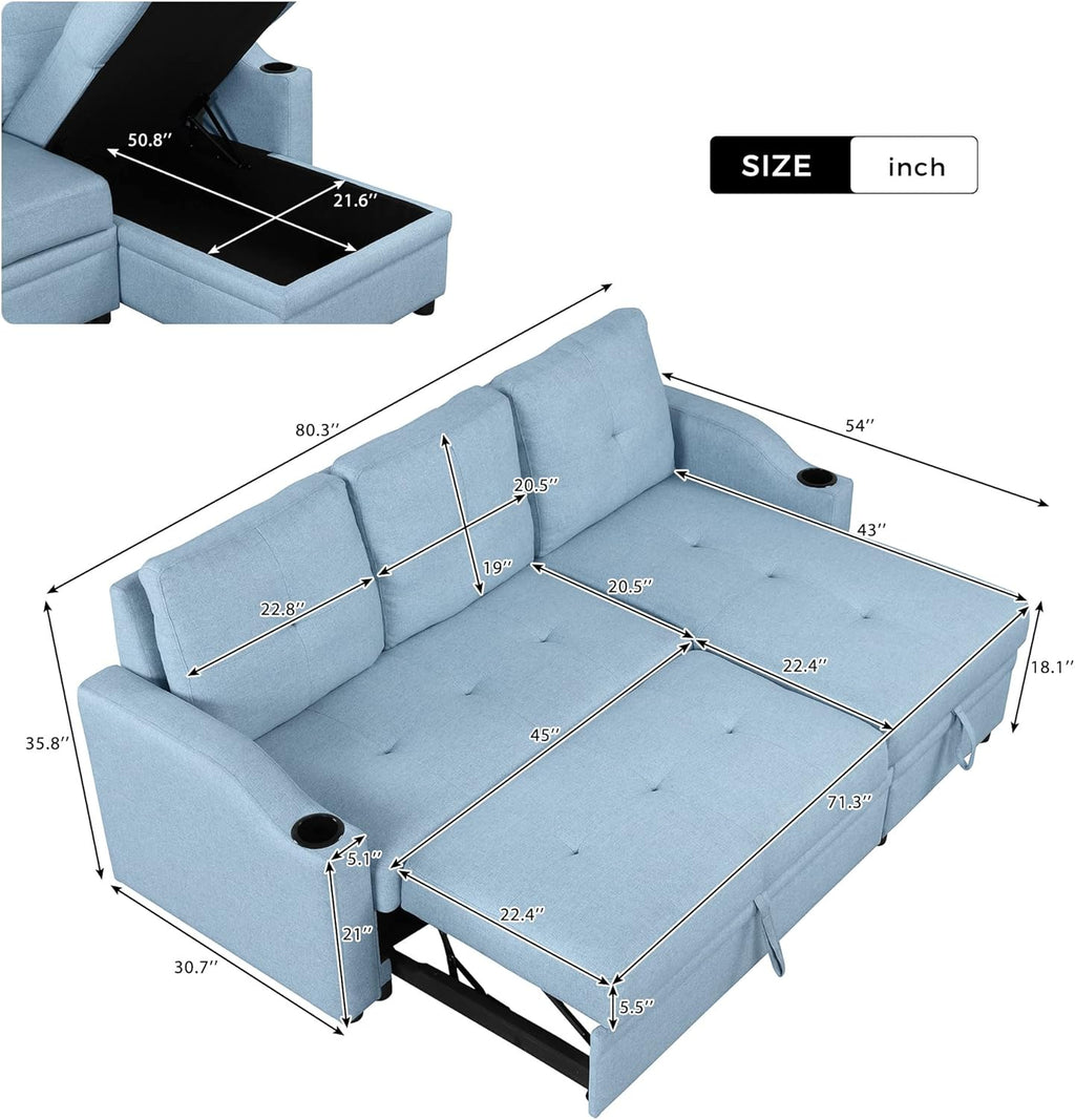 Blue Linen Fabric L-Shape Convertible Sleeper Sofa with Pull-Out Bed T837544