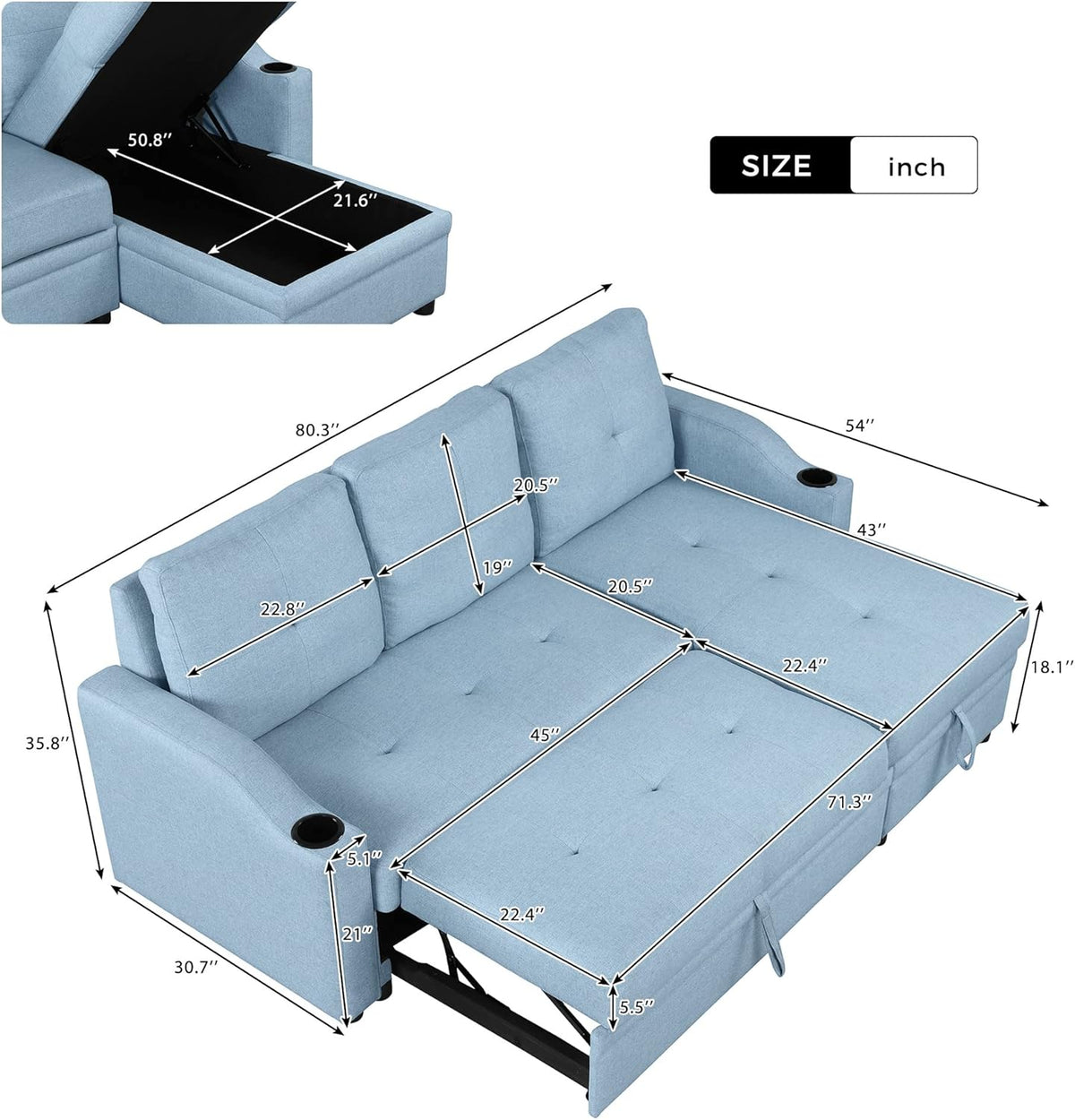 Blue Linen Fabric L-Shape Convertible Sleeper Sofa with Pull-Out Bed T837544