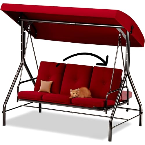 Burgundy 3-Seat Patio Outdoor Swing with Canopy D4153