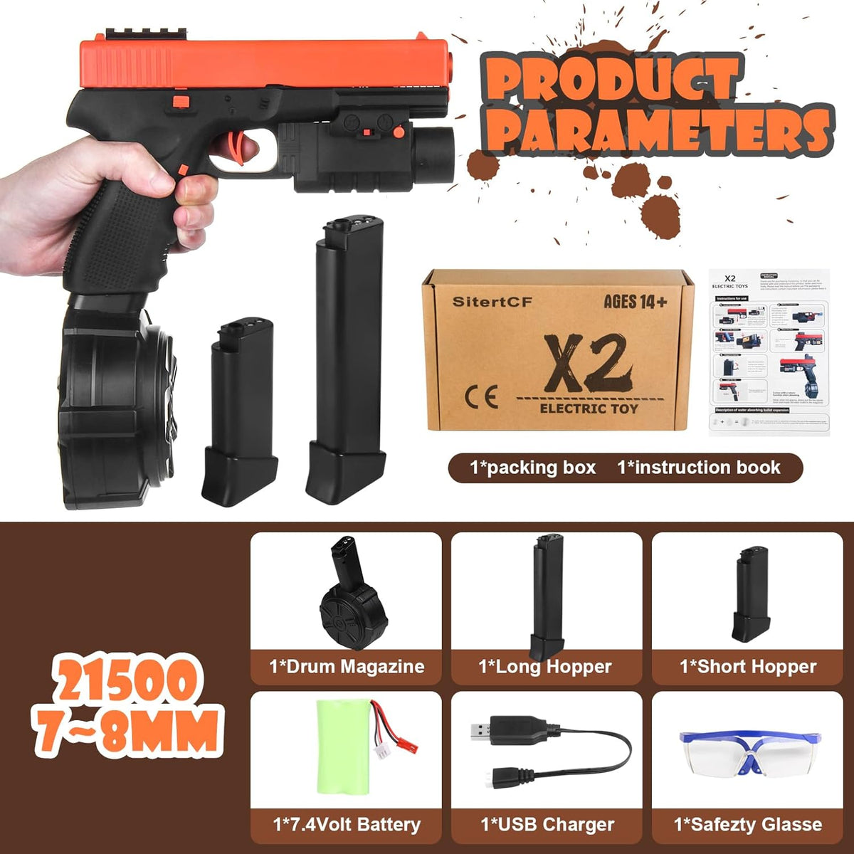 Orange Full Auto Splat-Blaster with Drum and Goggles H3677