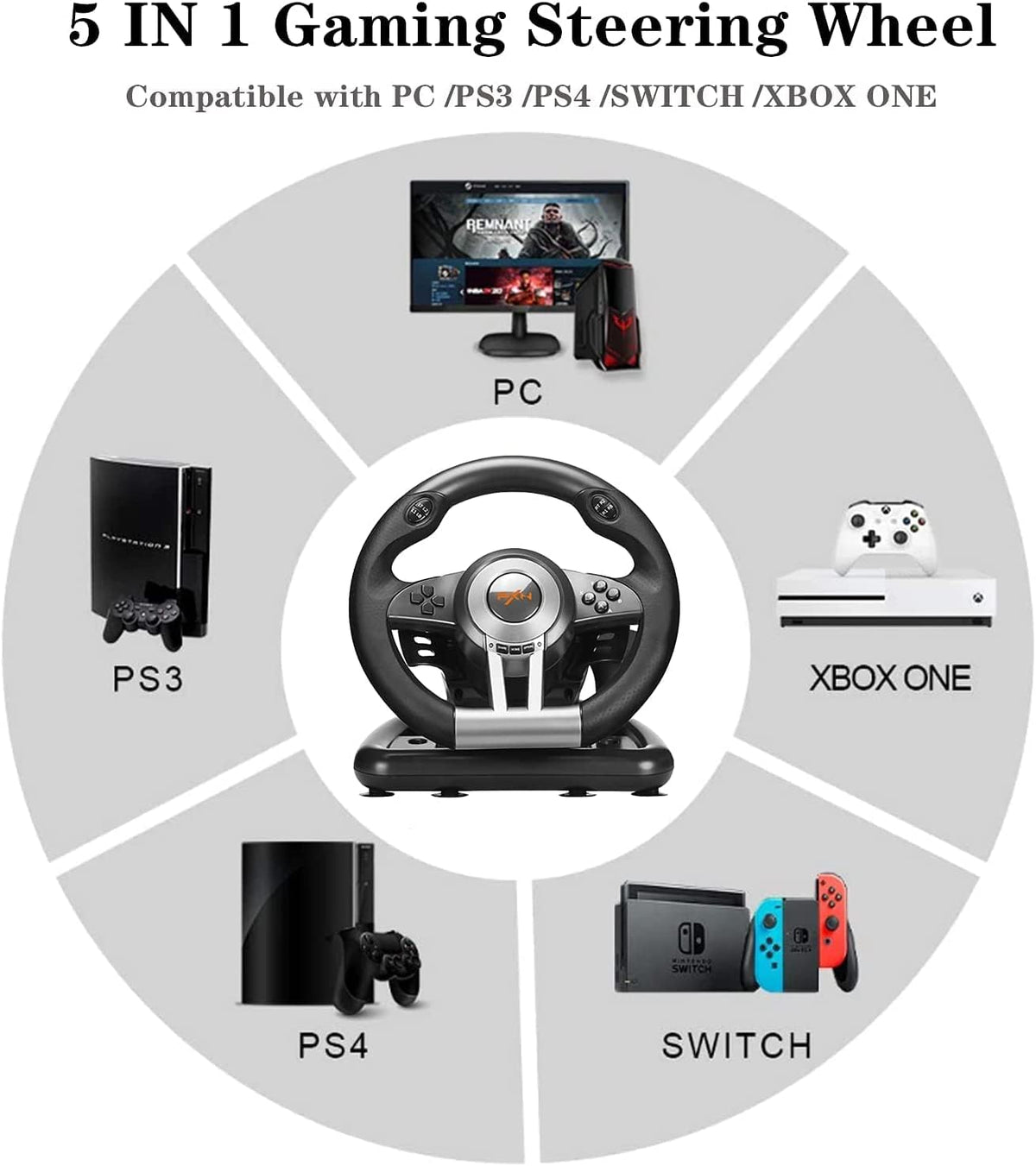 Gaming Steering Wheel with Pedal 180 Degree for PC, PS3, PS4, Xbox One, Xbox Series X/S, N-Switch (Black) G5600
