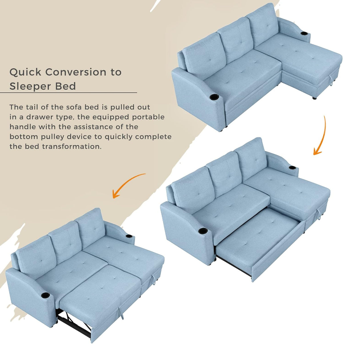 Blue Linen Fabric L-Shape Convertible Sleeper Sofa with Pull-Out Bed T837544