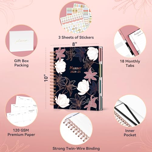 18 Month Weekly & Monthly Planner Spiral Bound Hard Cover with Stickers & Gift Box V120