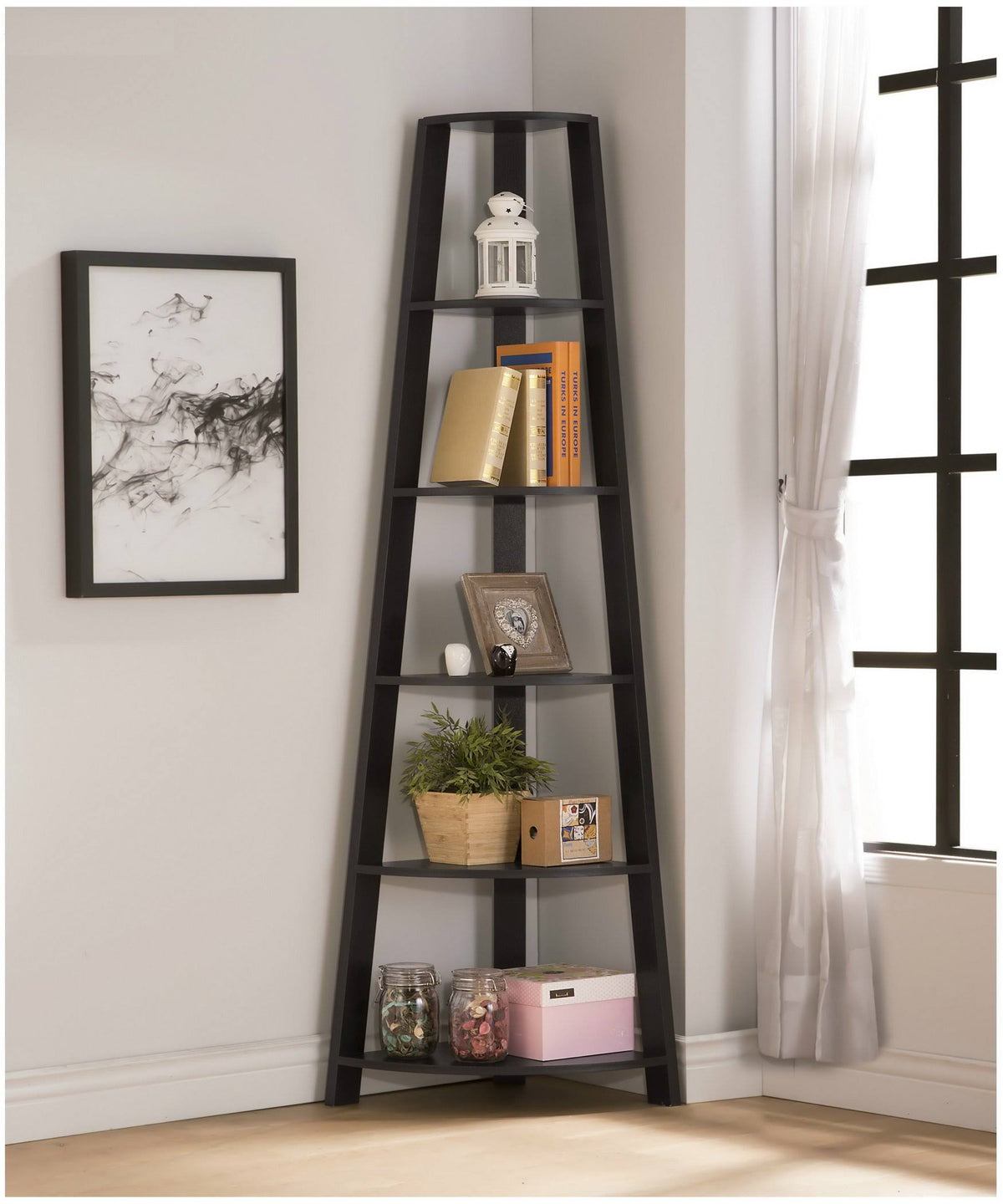 Cappuccino Finish Wood 5-Tier Corner Bookshelf Z755