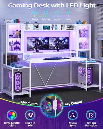 Black Gaming Desk with LED Lights, Hutch and Storage Shelves S21781