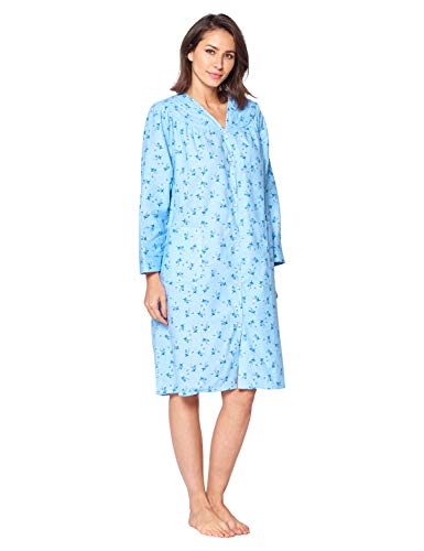 Floral Snap Front Flannel Duster Long Sleeve Lounger Dress F88522