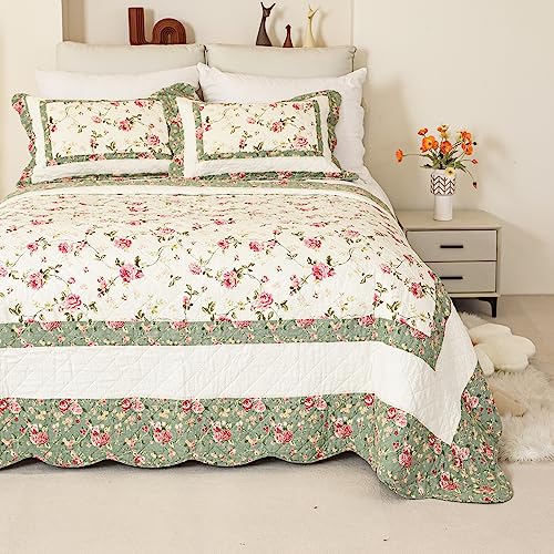 Pink Rose Floral Patchwork Cotton Queen Size Quilted Comforter Set 3-Piece I366743