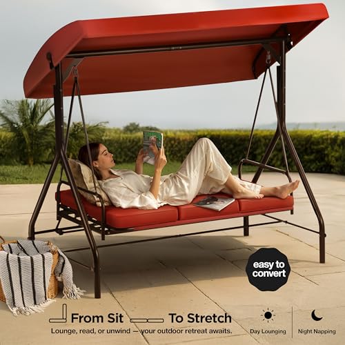 Burgundy 3-Seat Patio Outdoor Swing with Canopy D4153