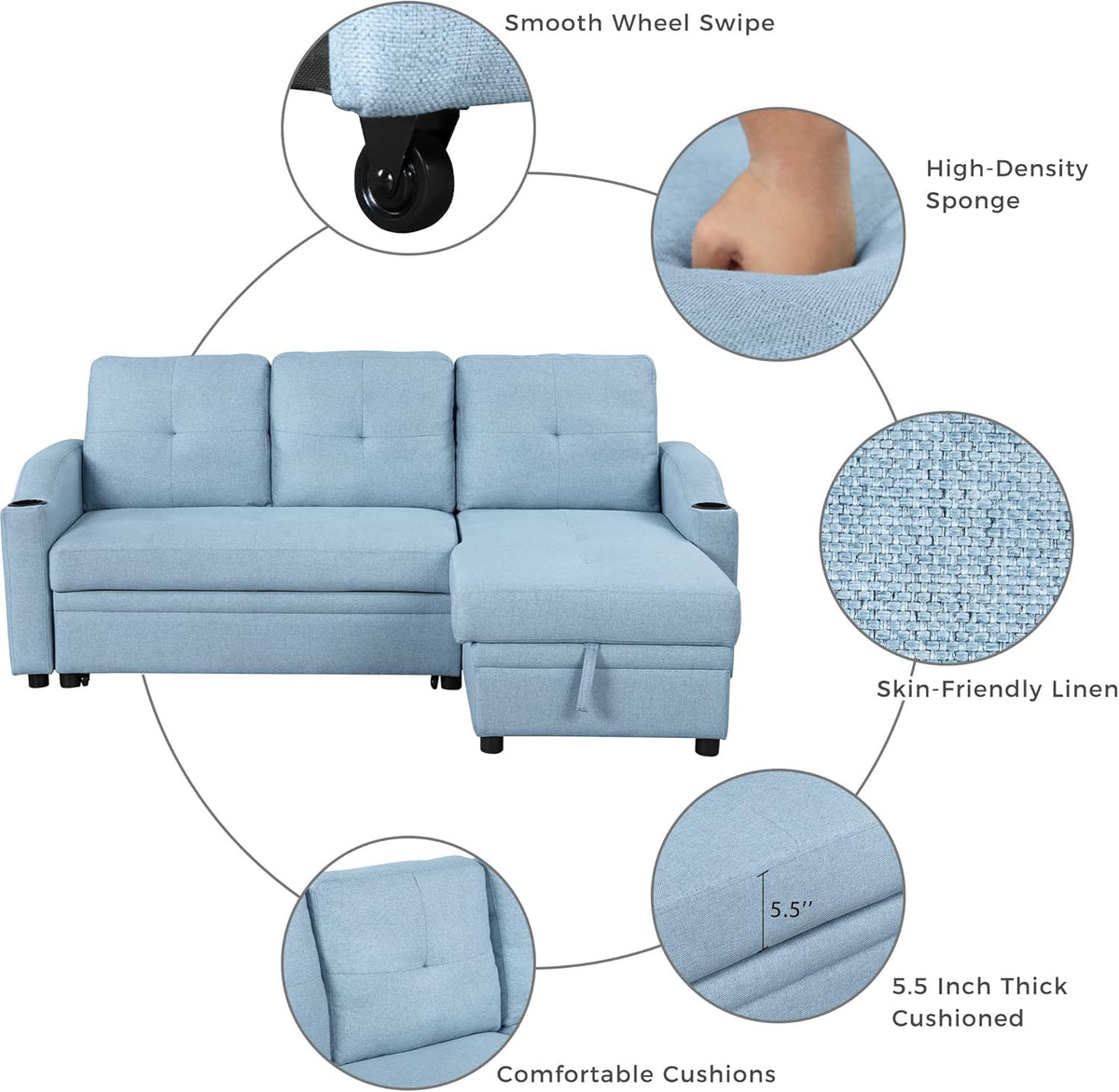 Blue Linen Fabric L-Shape Convertible Sleeper Sofa with Pull-Out Bed T837544