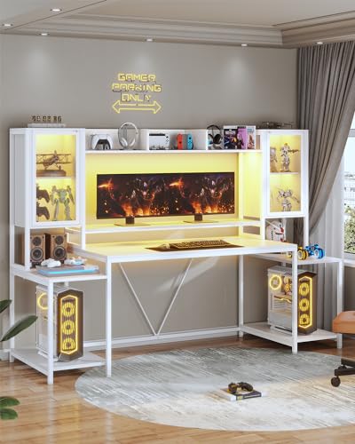 Black Gaming Desk with LED Lights, Hutch and Storage Shelves S21781