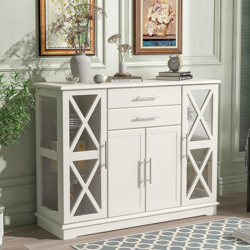Black Console Table with Tempered Glass Cabinets, 4 Doors, Adjustable Shelves, 2 Storage Drawers N38664