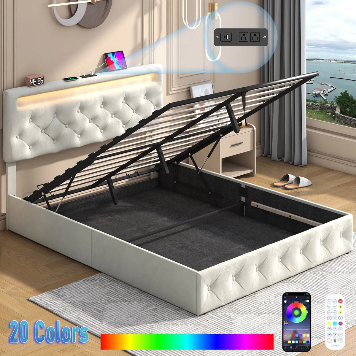 Queen Lift Up Velvet Storage Bed with Adjustable Headboard Q8652