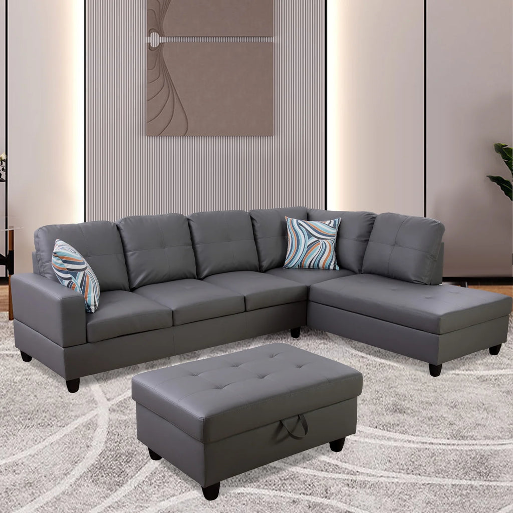 L-Shaped 3-Piece Sectional Sofa Couch, Dark Grey F428061