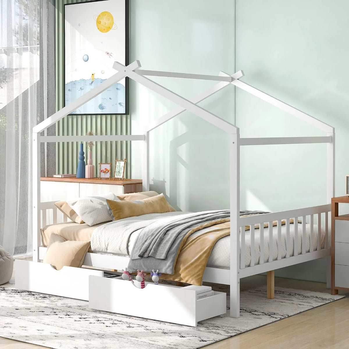 White Full Size Solid Wood House Bed with 2 Drawers R645