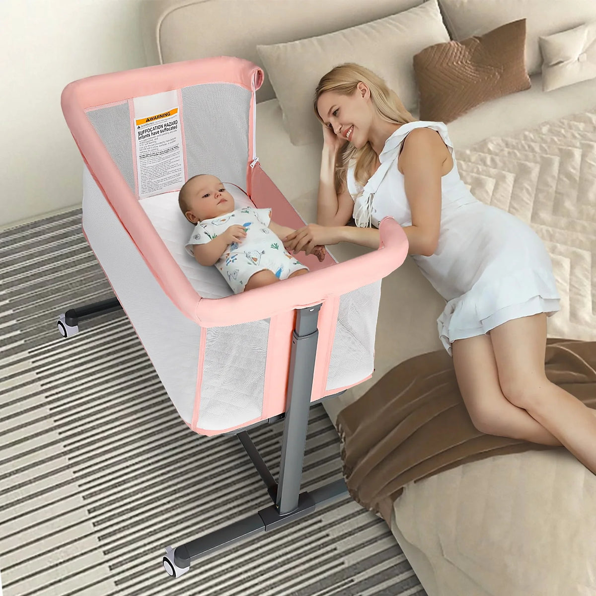 Baby Bassinet with Wheels Adjustable Bedside Sleeper Grey N835783