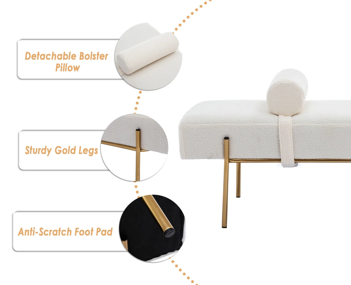 White Faux Fur Upholstered Bench with Gold Legs V62276
