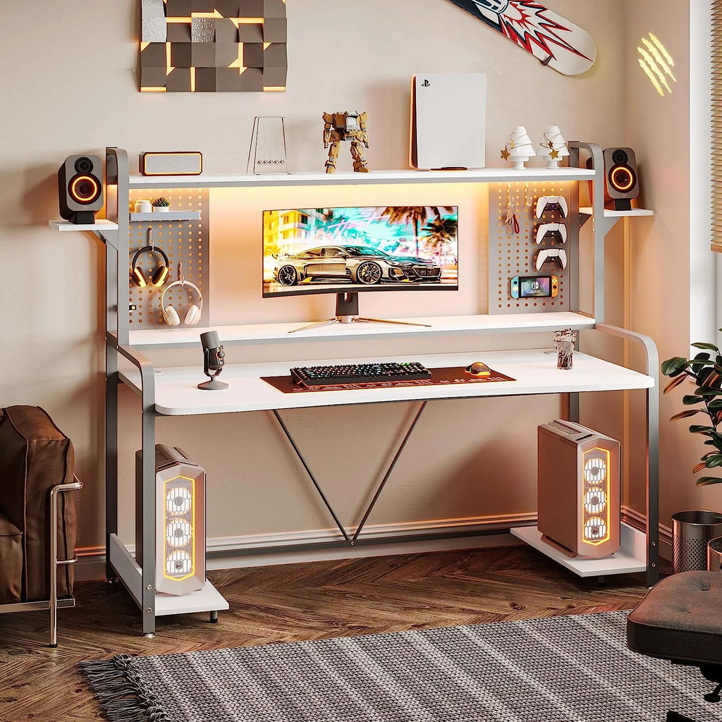 55" White Computer Desk with Hutch and Shelves O911