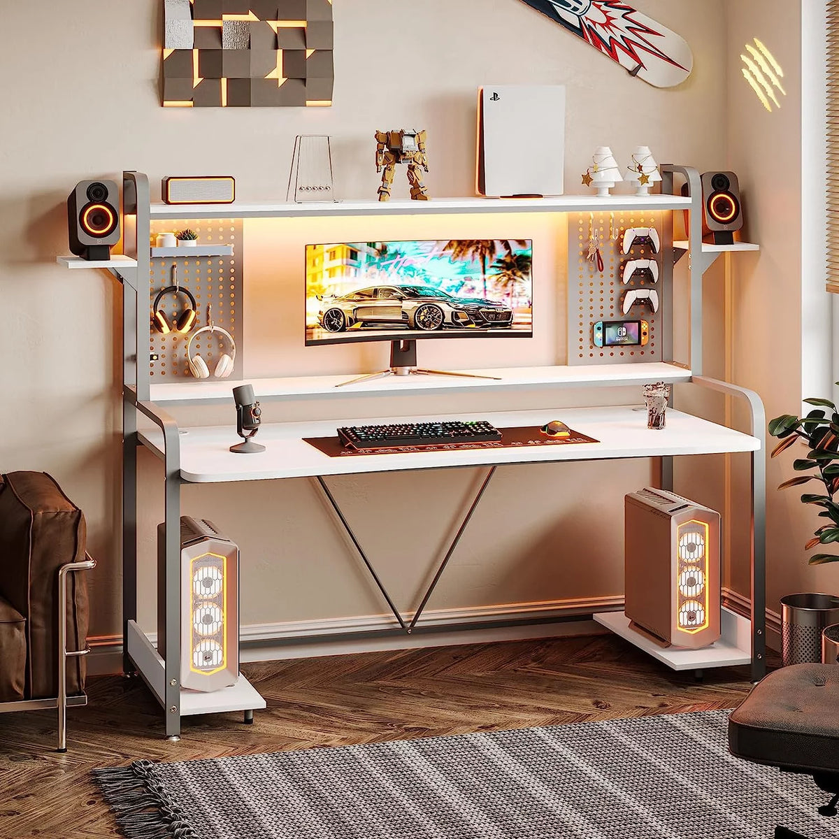 55" White Computer Desk with Hutch and Shelves O911