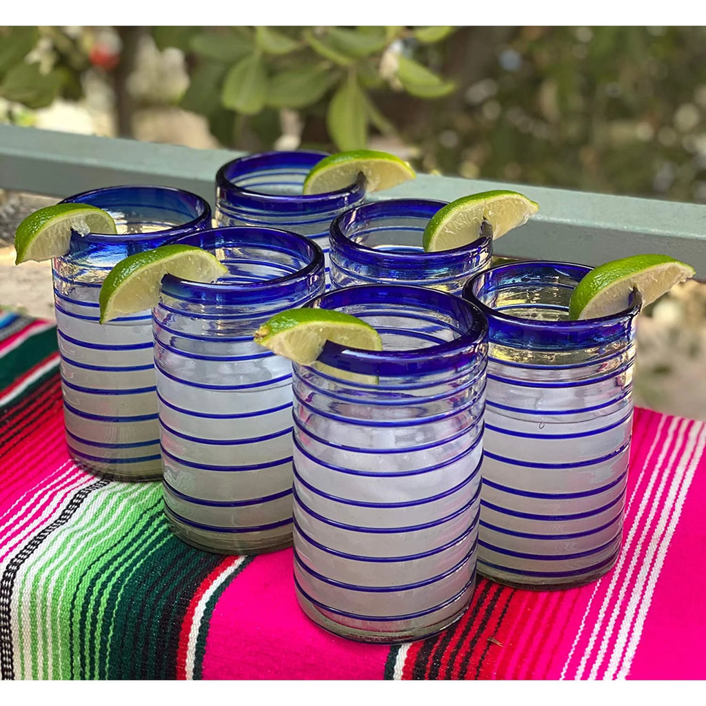 Hand Blown Drinking Glasses Set of 6 Blue Spiral 14 oz W5883