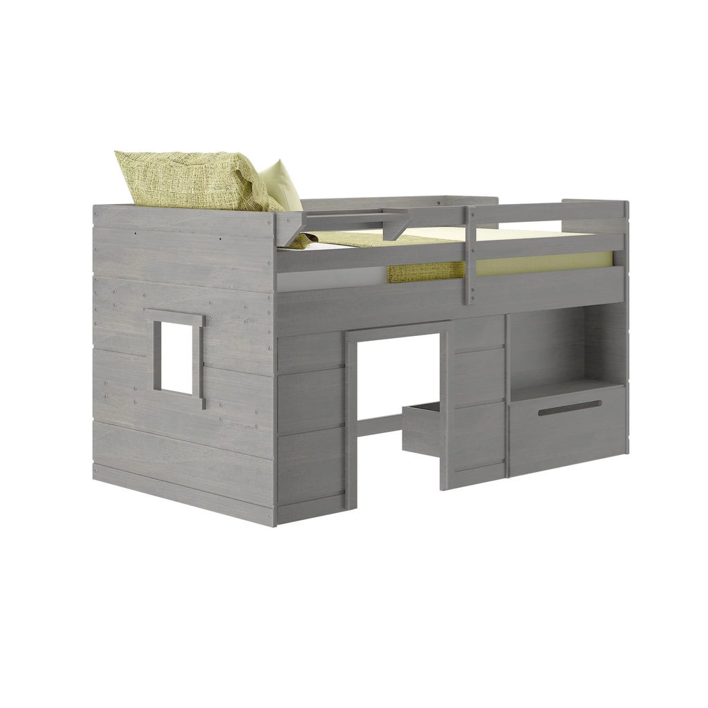 Twin Size Solid Wood Low Loft Bed with Storage Drawer and Ladder N6982