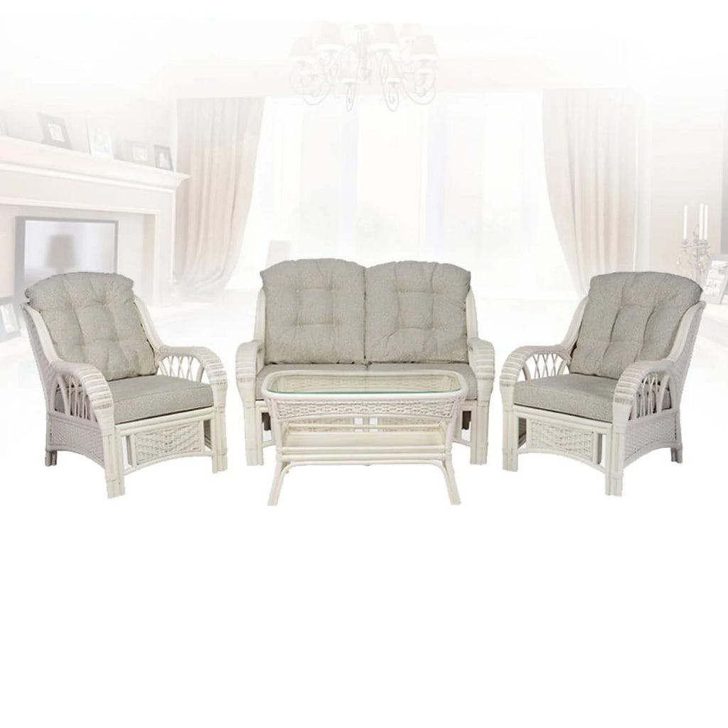 Rattan Wicker Living Room Set 4 Pieces: 2 Lounge Chair ThreeSeater/Sofa Coffee Table White Color with Cushion A20505
