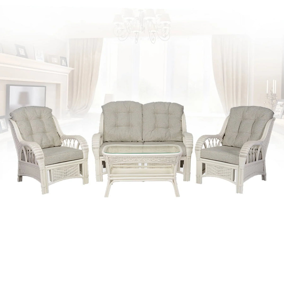 Rattan Wicker Living Room Set 4 Pieces: 2 Lounge Chair ThreeSeater/Sofa Coffee Table White Color with Cushion A20505