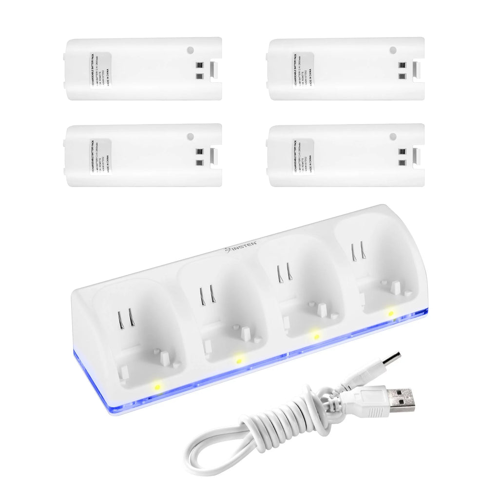 White Wii U Quad Remote Controller Charger Dock Station with 4x Rechargeable Battery Pack F982639