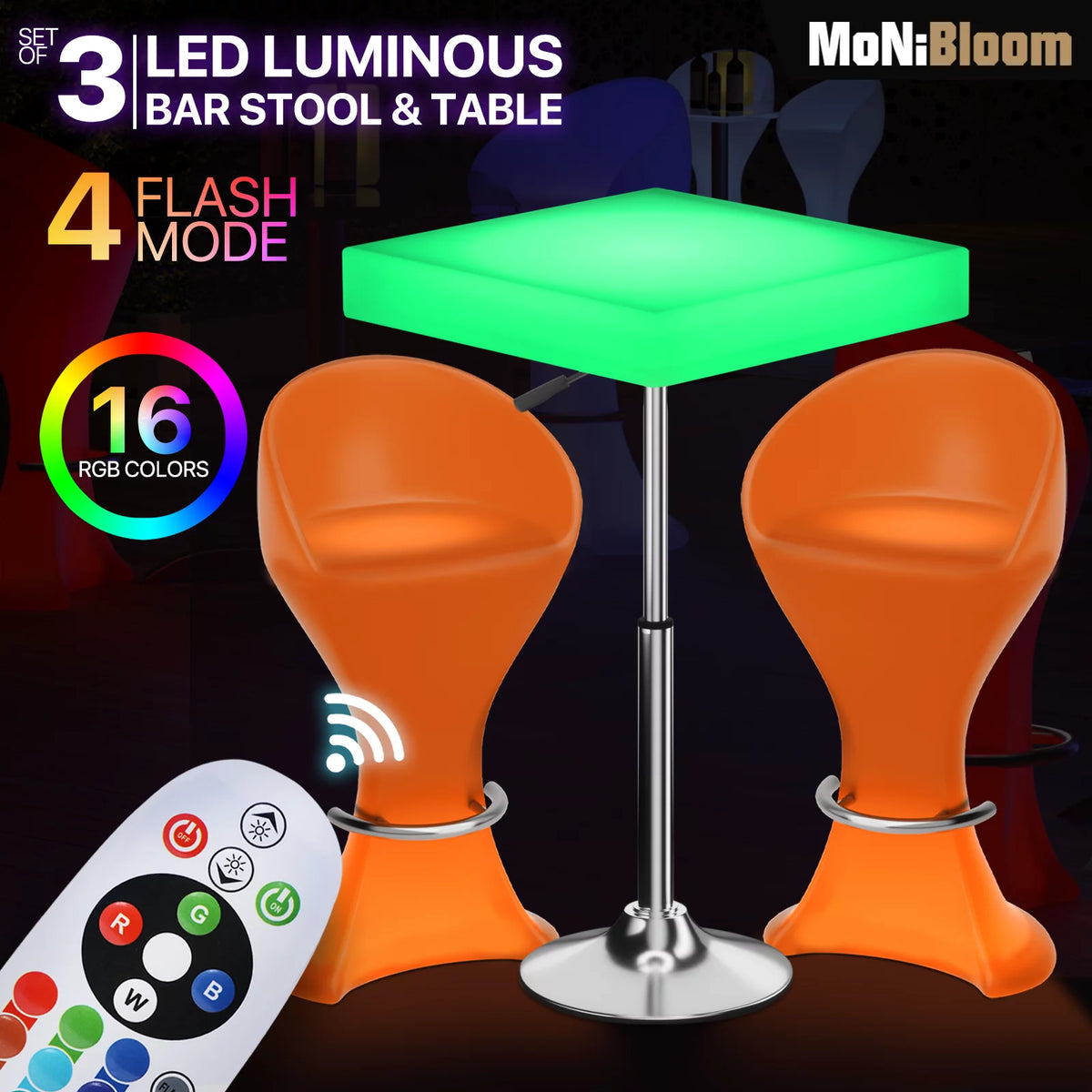 Set of 3 LED Light Up Square Bar Table + Stools V827238