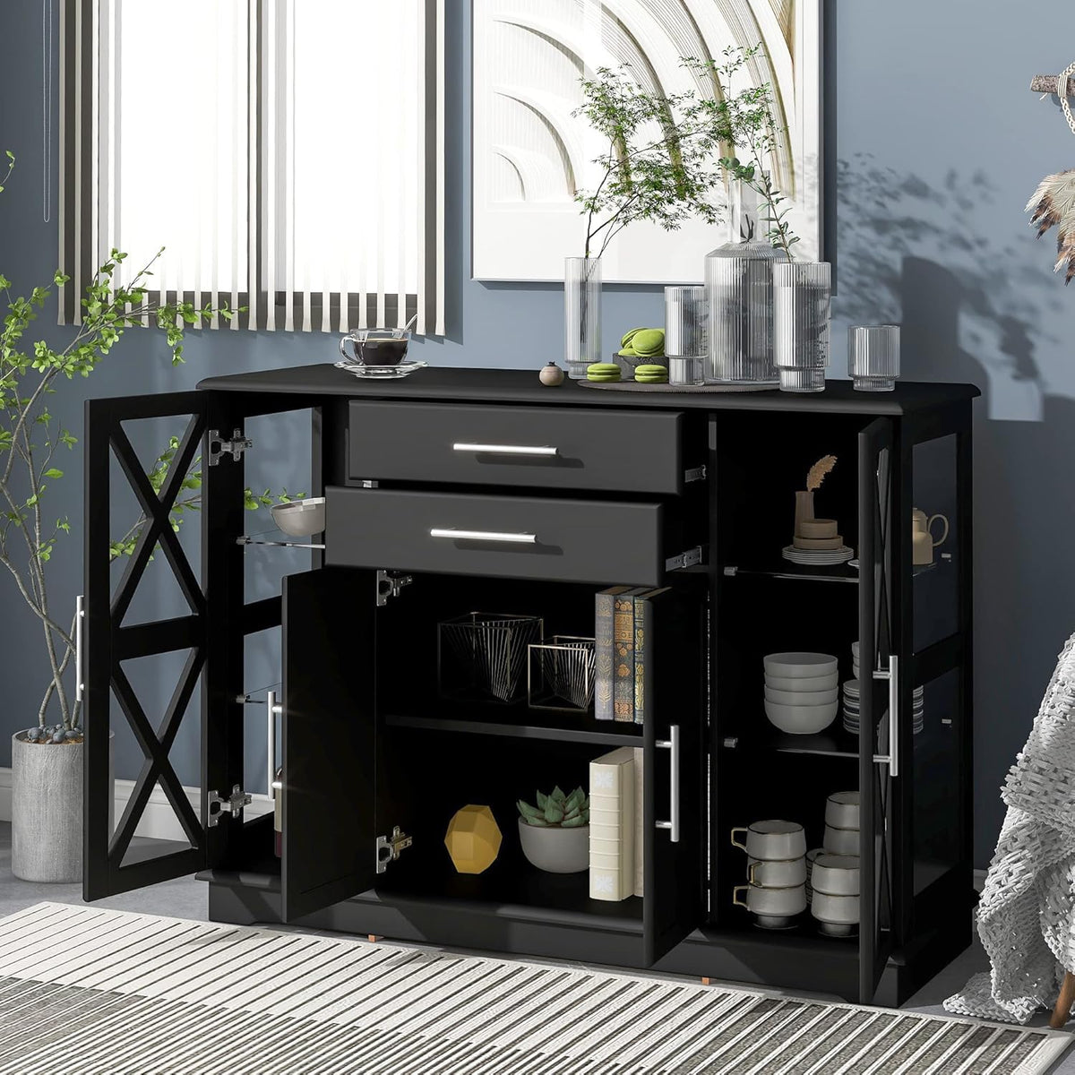 Black Console Table with Tempered Glass Cabinets, 4 Doors, Adjustable Shelves, 2 Storage Drawers N38664