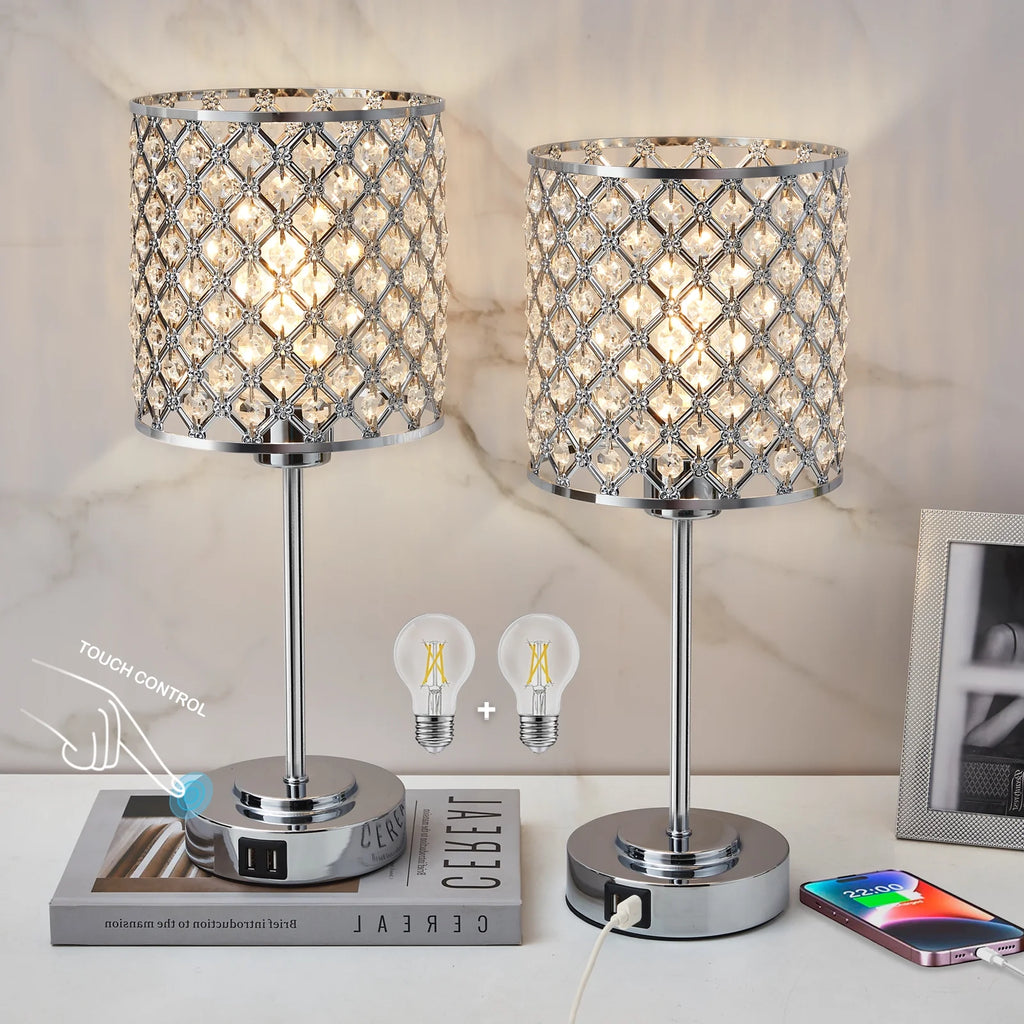 Crystal Table Lamp Set of 2 with 2 USB Charging Ports Y2033
