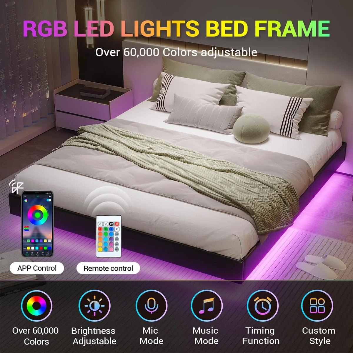 Queen Size Black Faux Leather Upholstered Platform Bed Frame with LED Lights Y6295