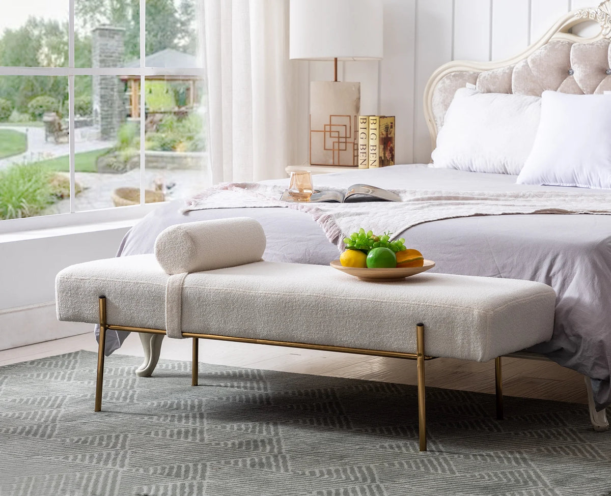 White Faux Fur Upholstered Bench with Gold Legs V62276