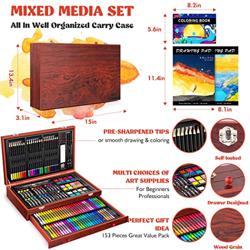 153-Pack Art Set in Wooden Case with 2 A4 Sketch Pads N5358