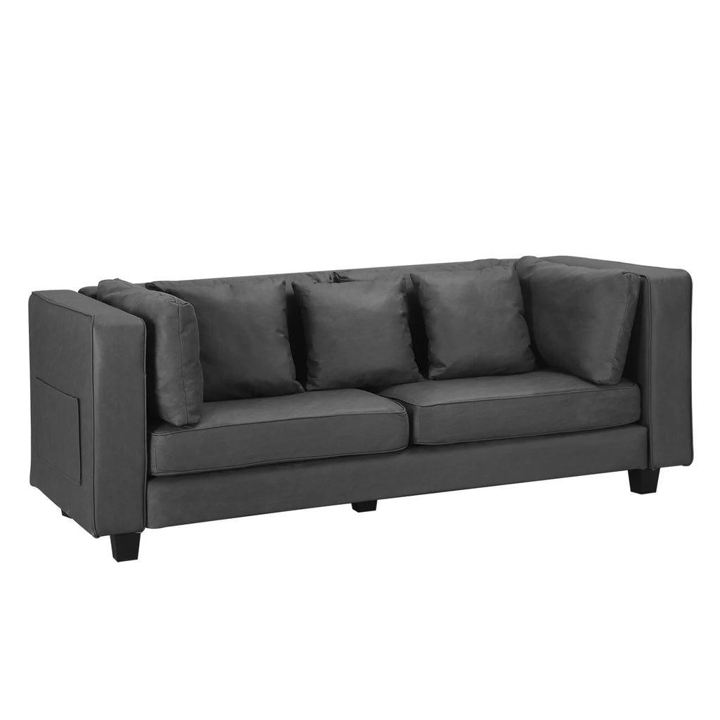Grey Faux Leather Sofa with 5 Pillows W9342