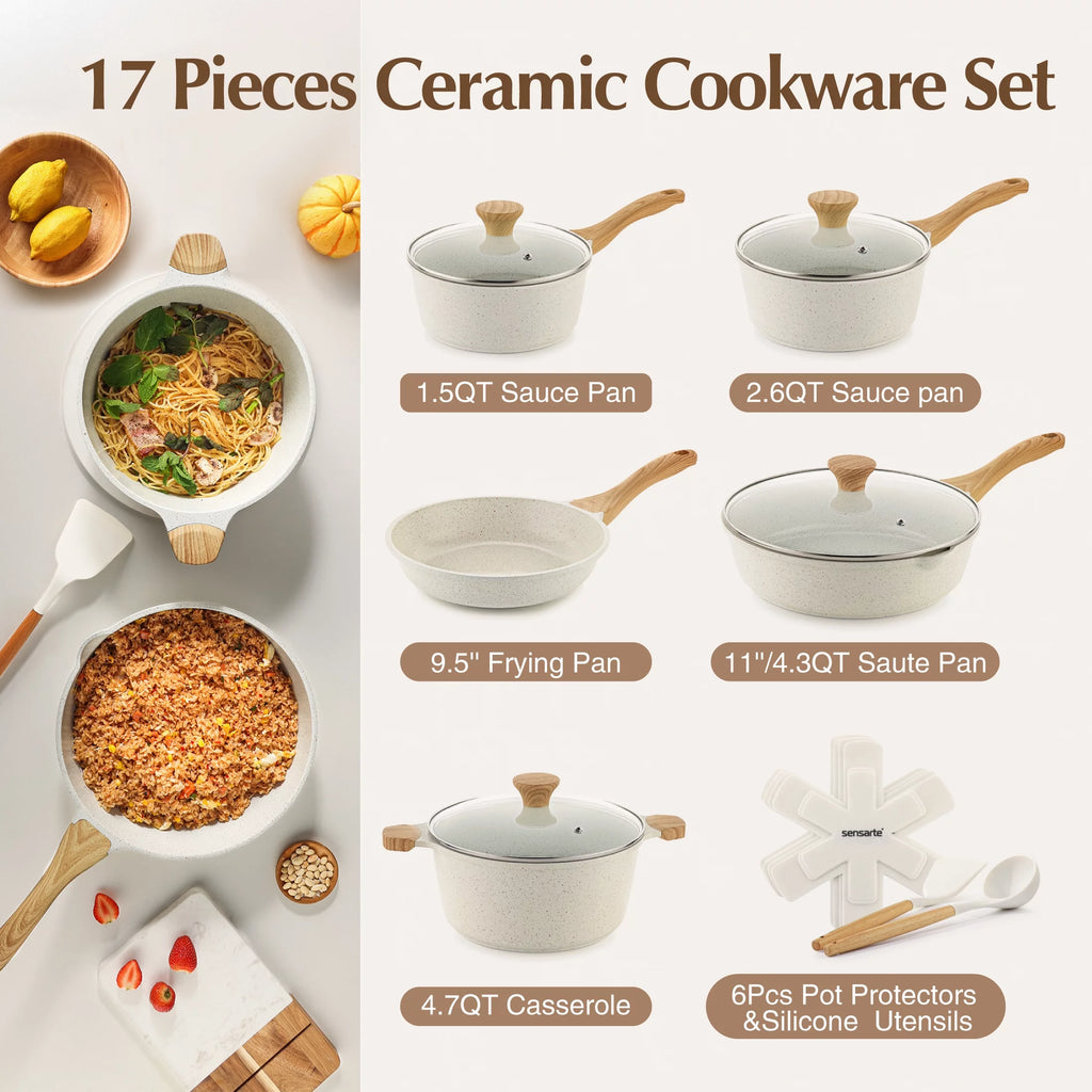 17 Piece White Ceramic Nonstick Cookware Set C804813