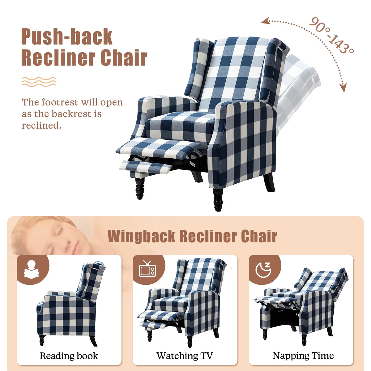 Set of 2 Plaid Fabric Recliners R3109