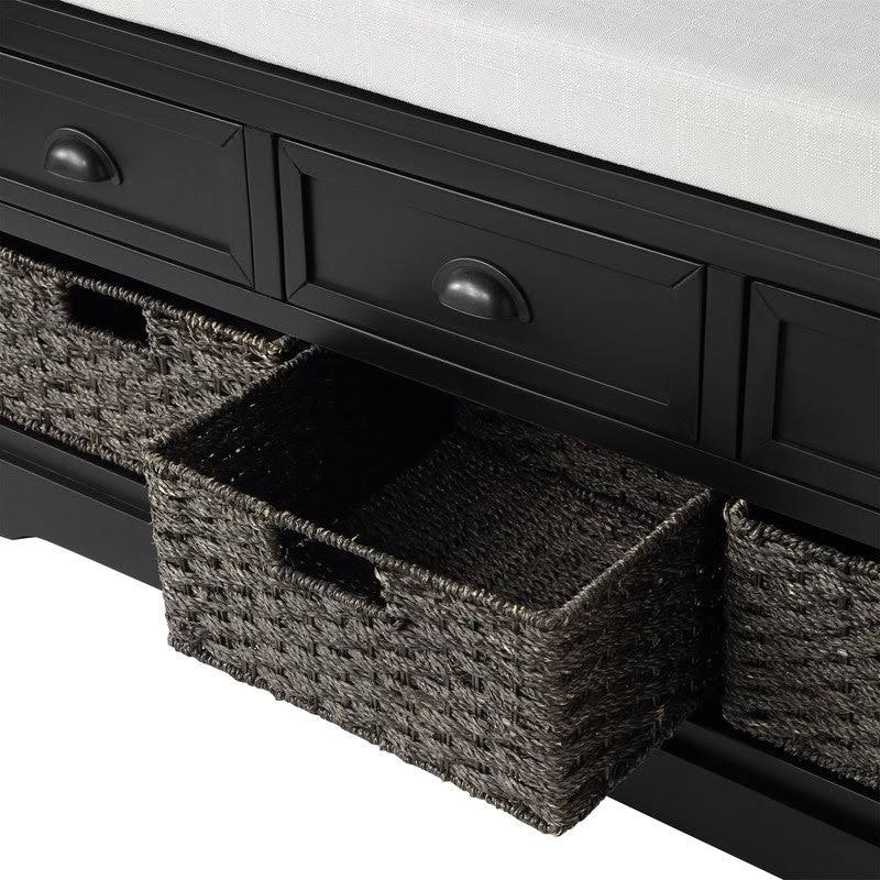 White Wood Storage Bench with 3 Drawers and 3 Baskets E56906