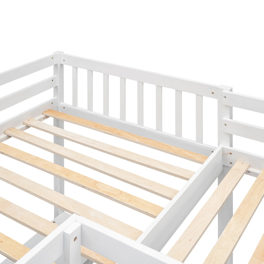 Twin Size White Wood L-Shaped Loft Bed with Built-in Desks P36676