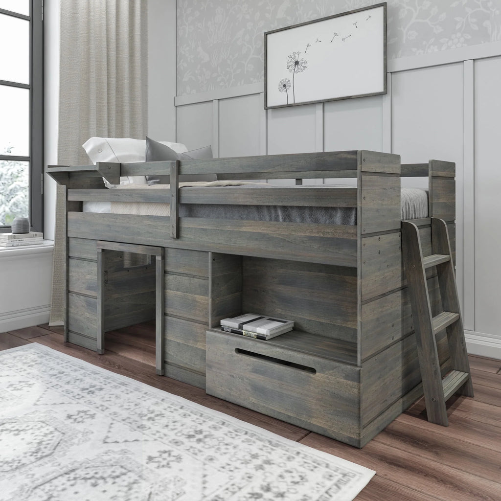 Twin Size Solid Wood Low Loft Bed with Storage Drawer and Ladder N6982