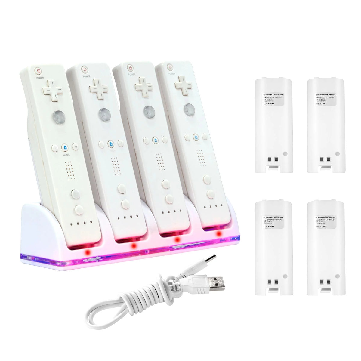 White Wii U Quad Remote Controller Charger Dock Station with 4x Rechargeable Battery Pack F982639
