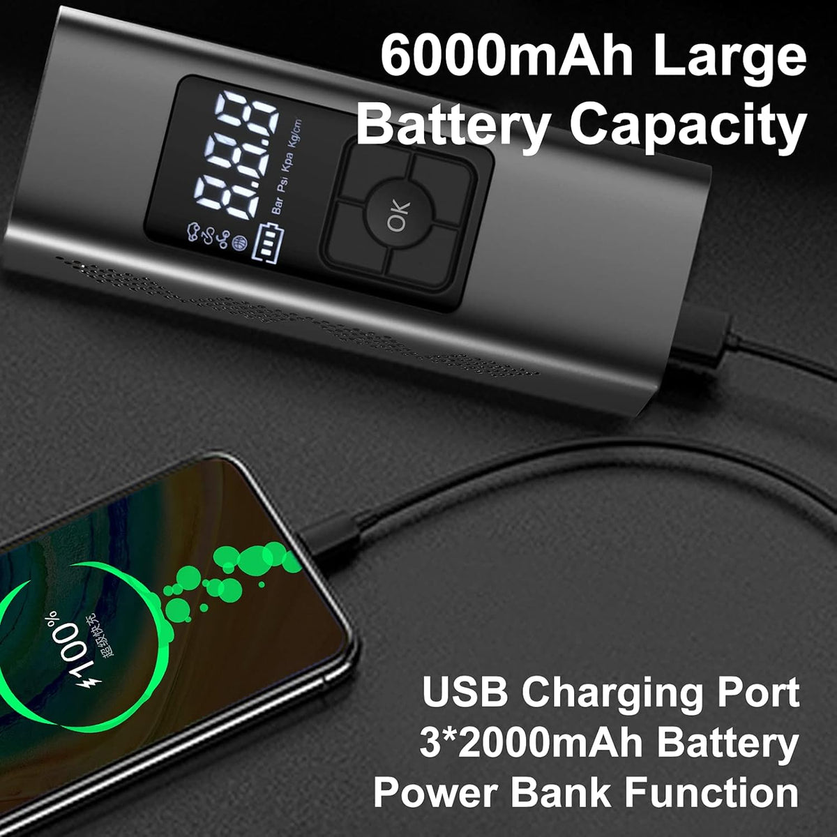 Portable Air Compressor Tire Inflator 6000mAh 150 PSI with Power Bank LED Light P951706