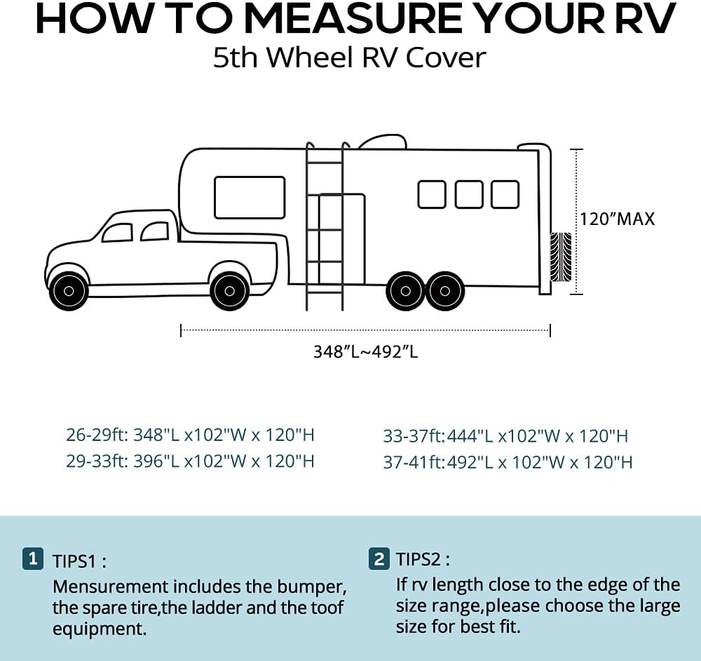 5th Wheel RV Cover, Extra-Thick 6-ply, Fits 37 - 41Ft Motorhome, Waterproof Rip-Stop, with 2 Windproof Straps, 4 Tire Covers J313862